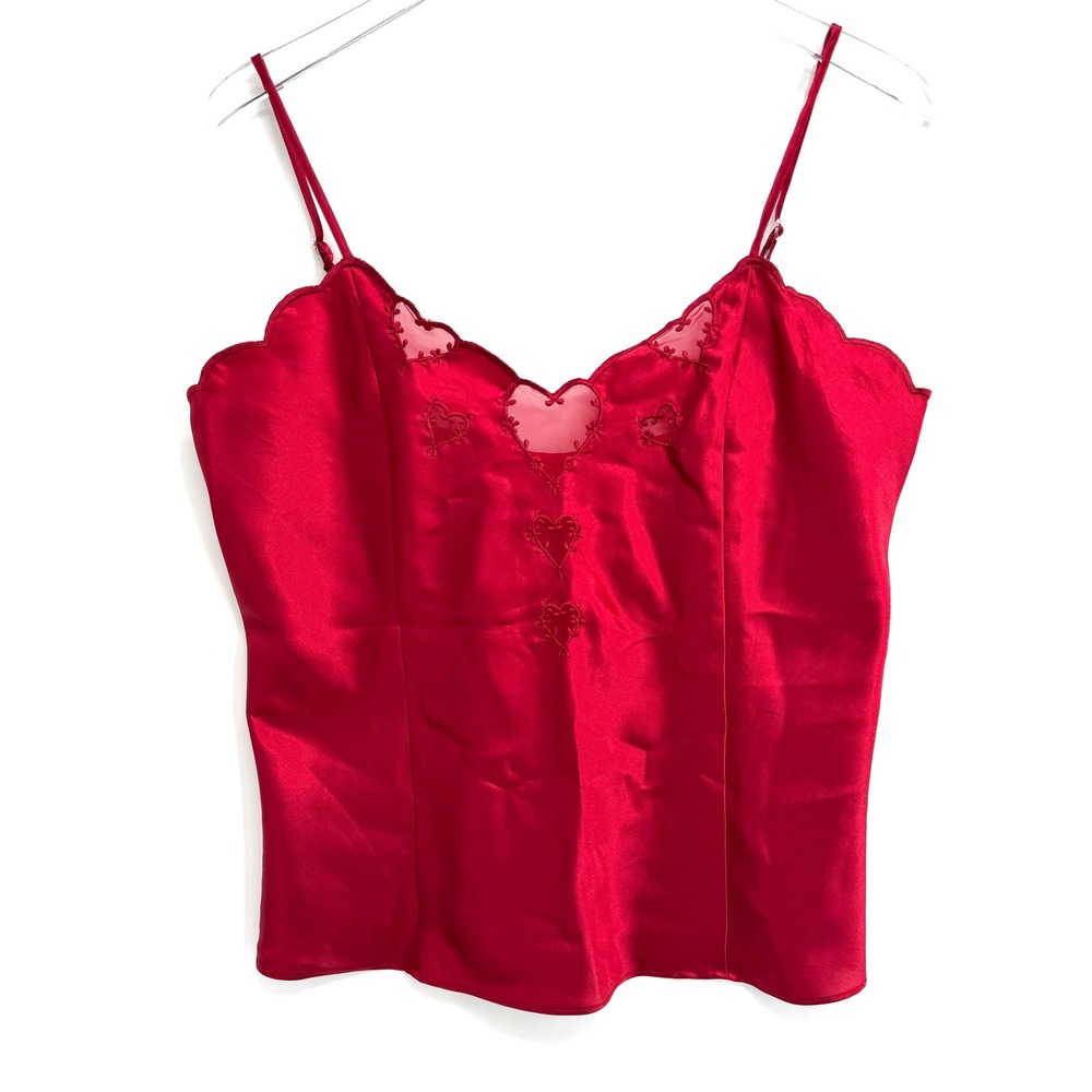 VTG Valerie Stevens Red Satin Camisole Tank Top M Embroidered Hearts Romantic